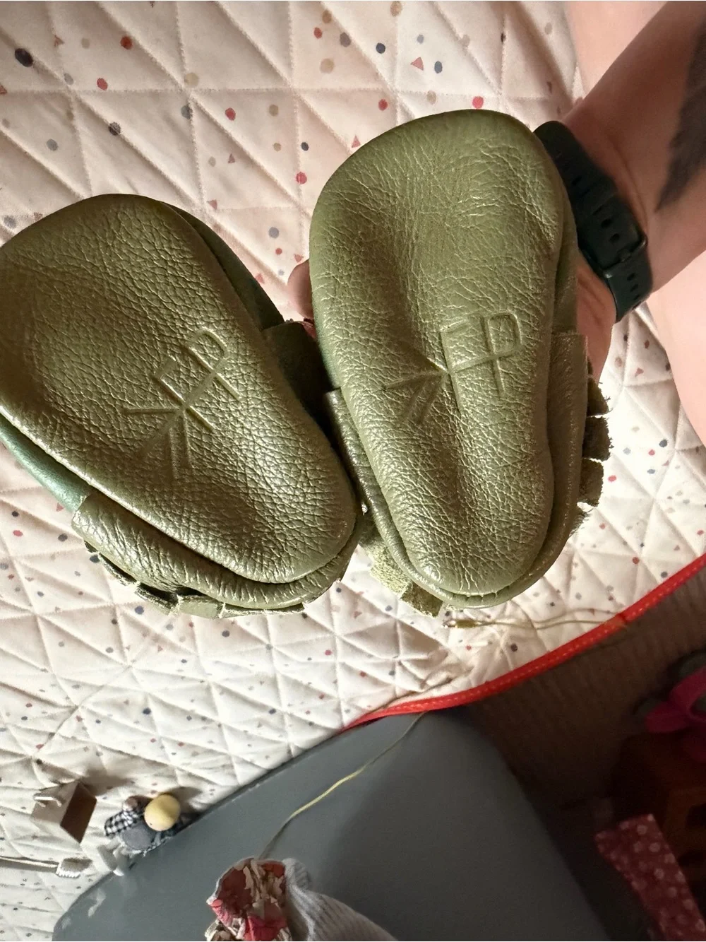 Freshly Picked Kids Olive Green Soft Sole Shoes with Fox Design